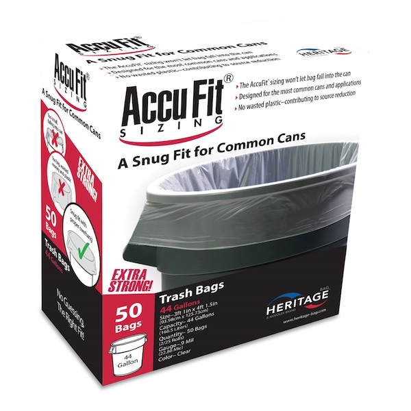 Accufit 44 gal Trash Bags, 37 in x 50 in, Premium, 0.9 mil, Clear, 50 PK H7450TC RC1 - main
